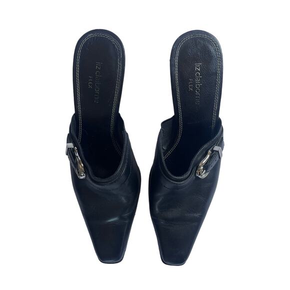 Liz Claiborne Flex Black Leather Mules w/ Silver Buckle Size 7 - Picture 3 of 7